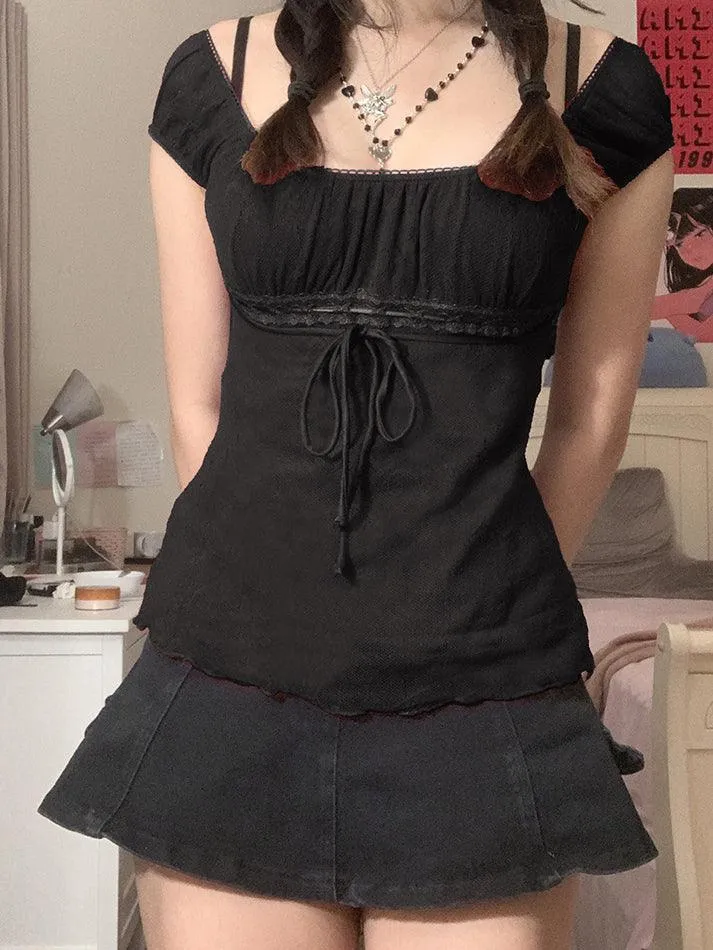 Uniwim ootd Vintage Tie Front Lace Trim Blouse