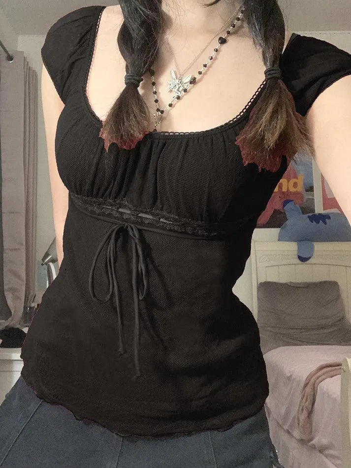 Uniwim ootd Vintage Tie Front Lace Trim Blouse