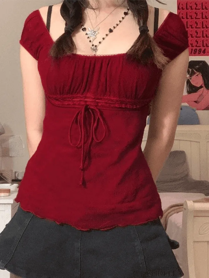 Uniwim ootd Vintage Tie Front Lace Trim Blouse