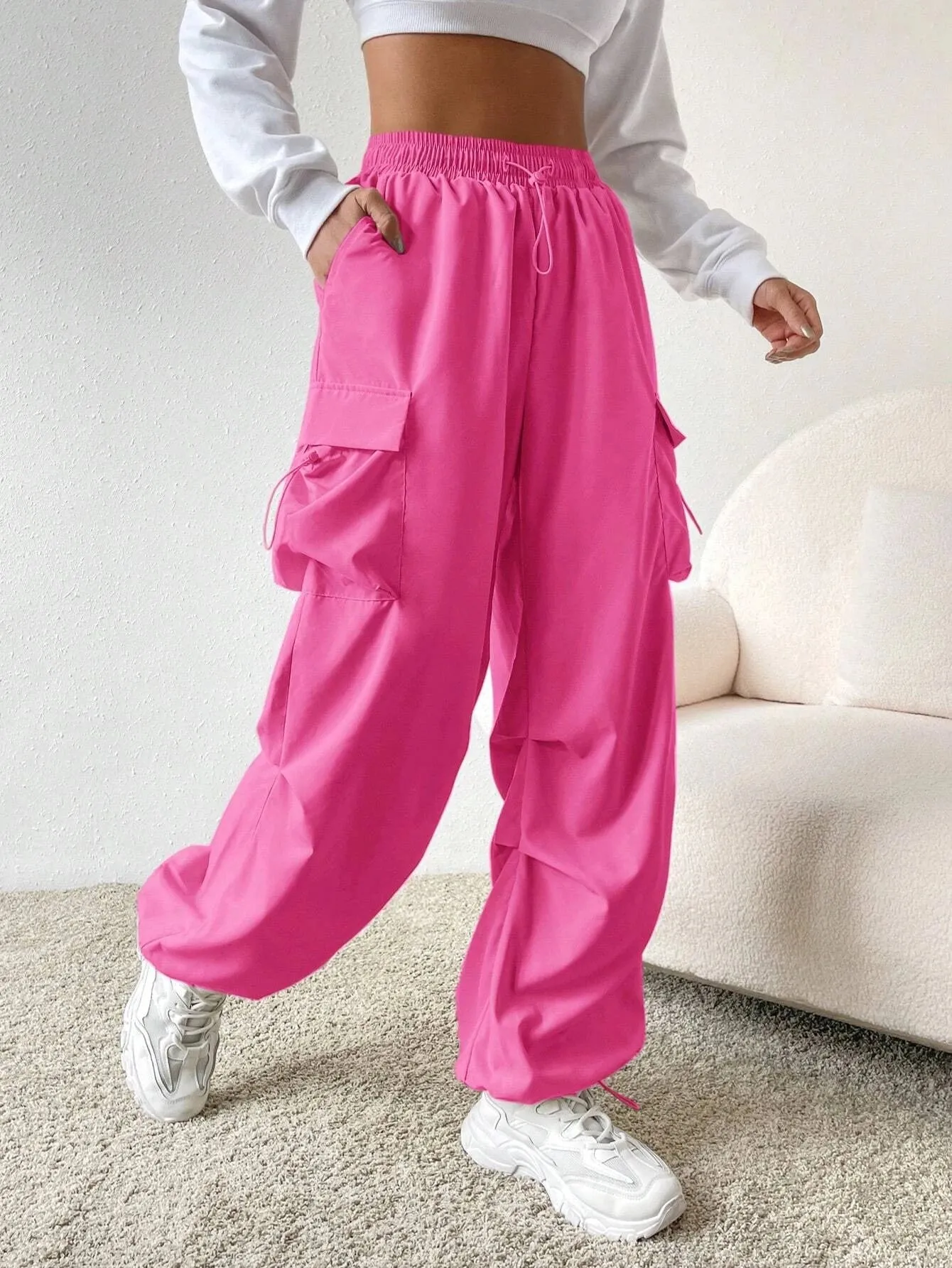 Versatile Flap Pocket Drawstring Cargo Pants