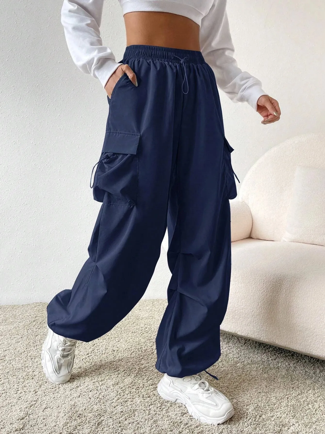 Versatile Flap Pocket Drawstring Cargo Pants