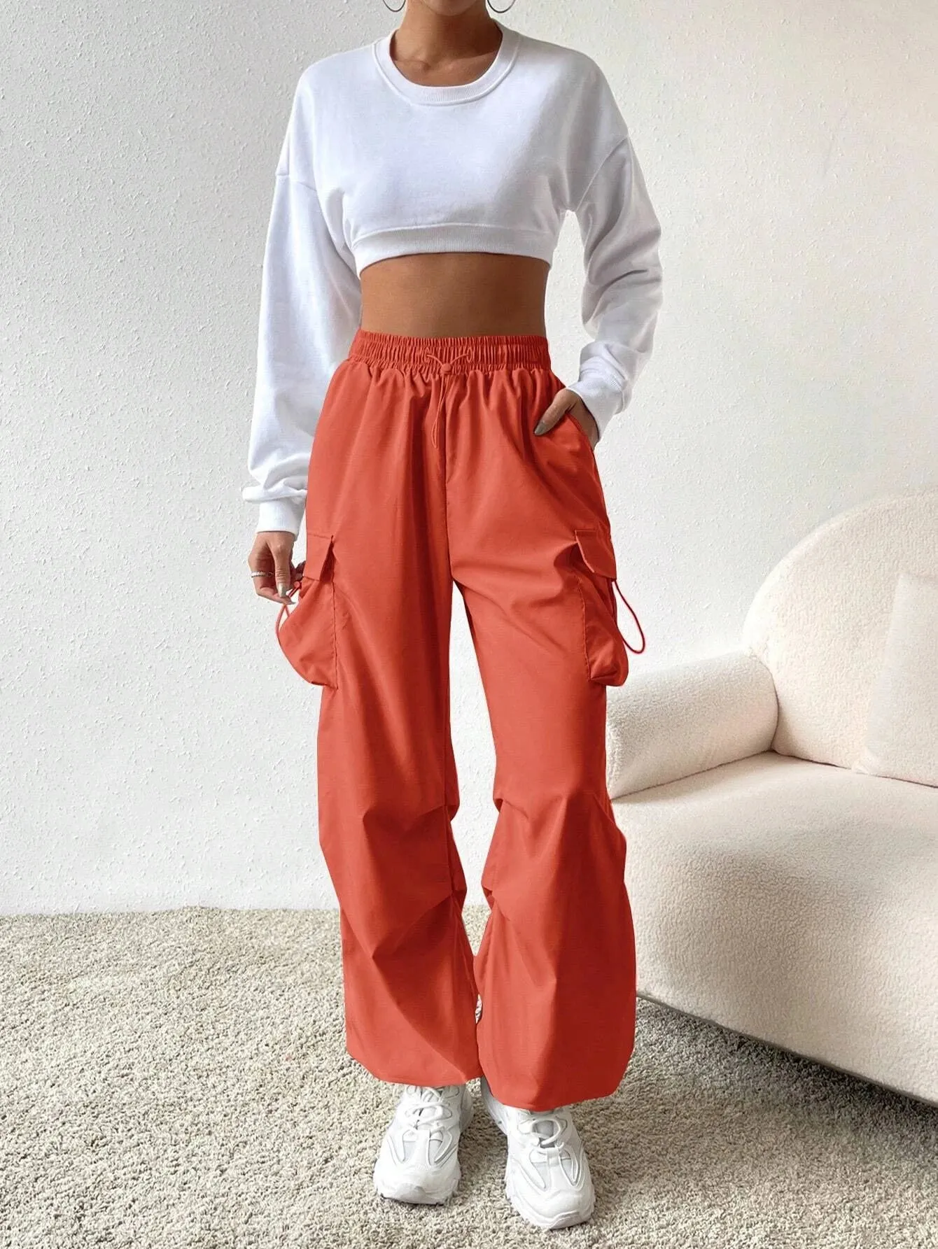 Versatile Flap Pocket Drawstring Cargo Pants
