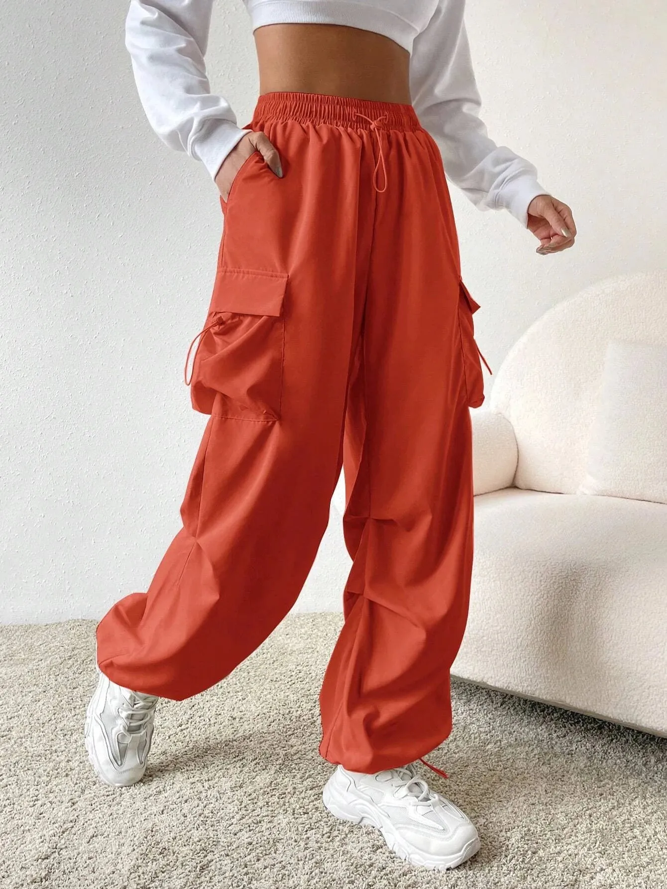 Versatile Flap Pocket Drawstring Cargo Pants