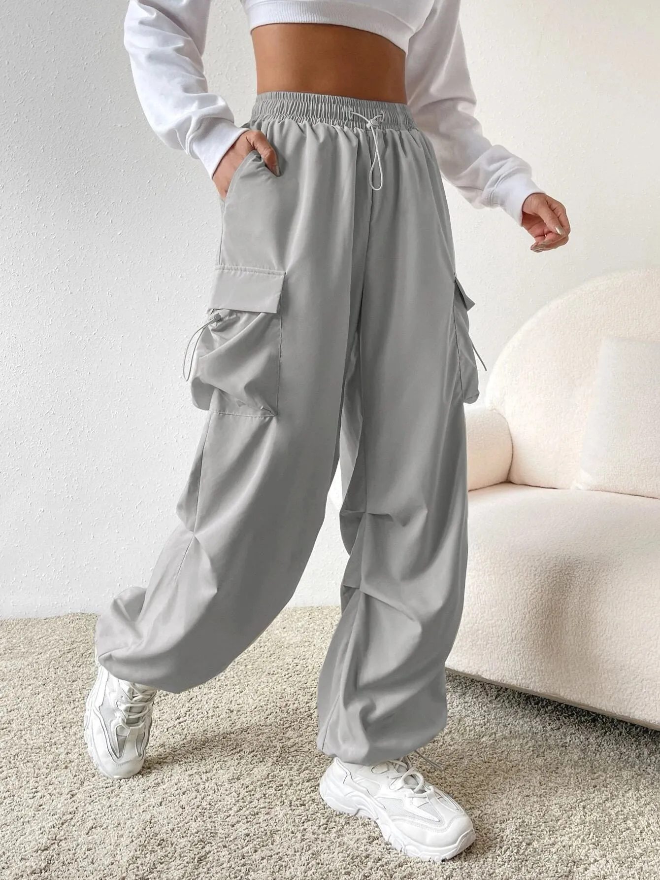 Versatile Flap Pocket Drawstring Cargo Pants
