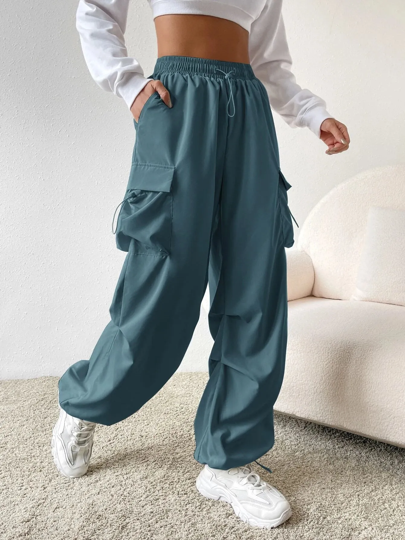 Versatile Flap Pocket Drawstring Cargo Pants