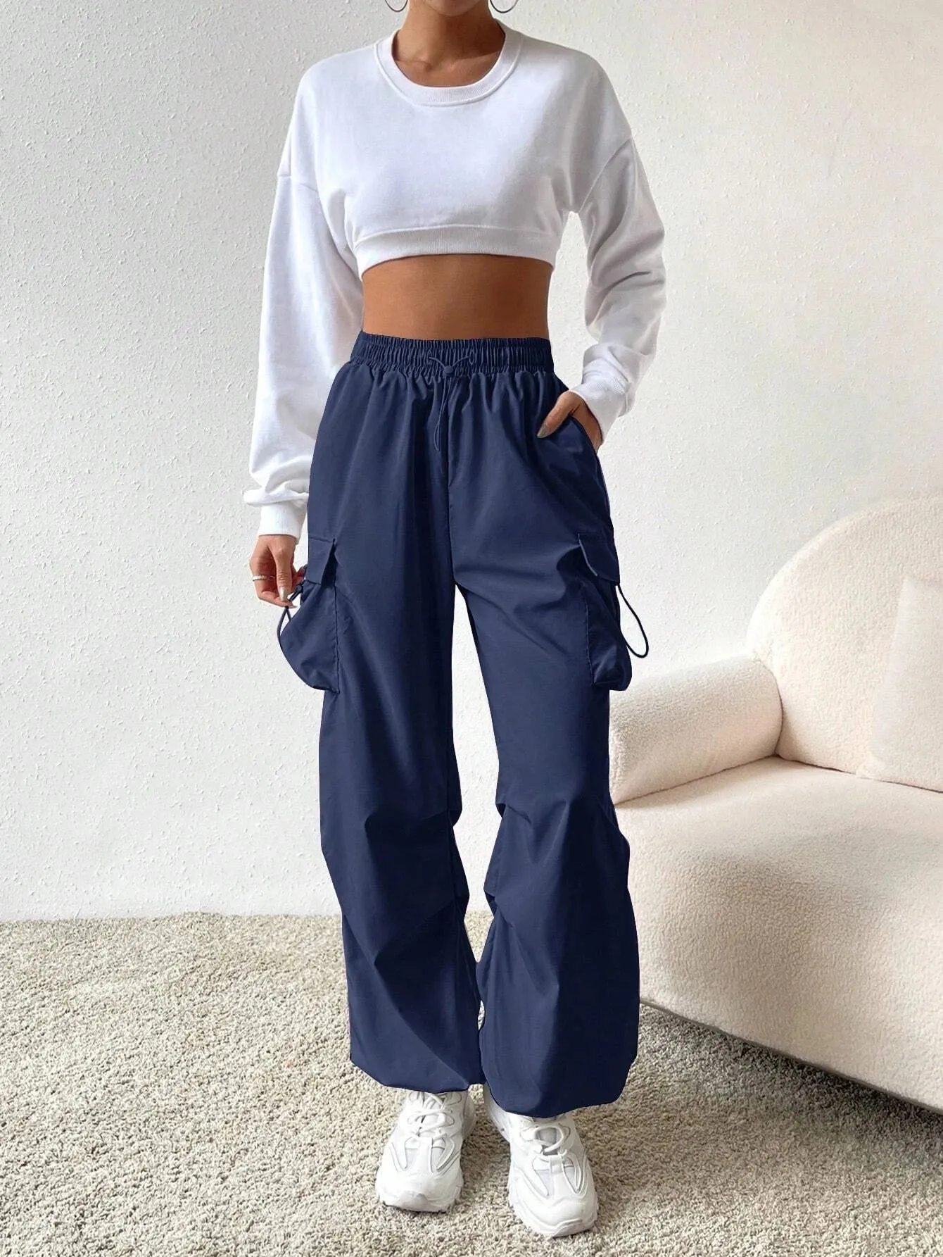 Versatile Flap Pocket Drawstring Cargo Pants