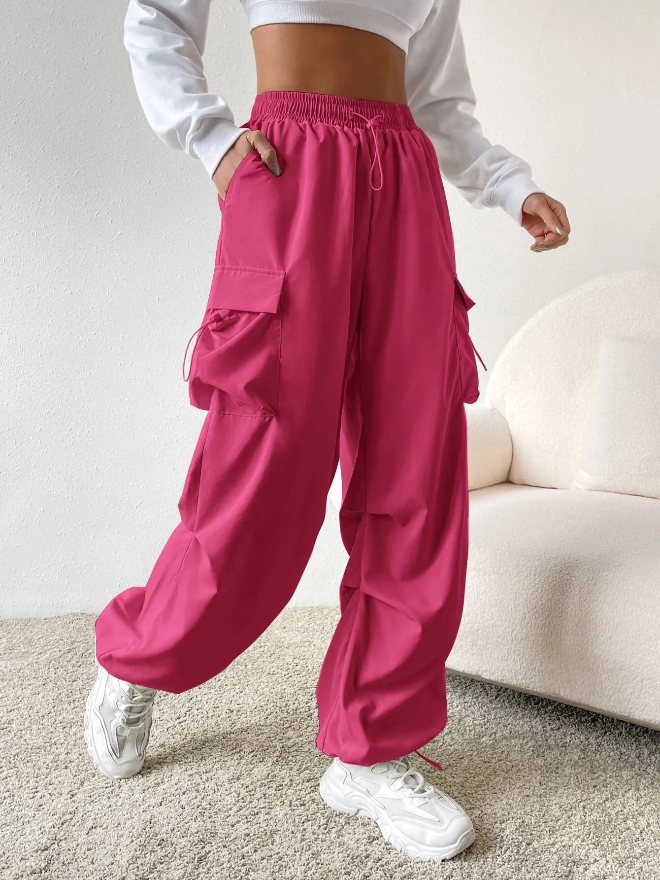 Versatile Flap Pocket Drawstring Cargo Pants