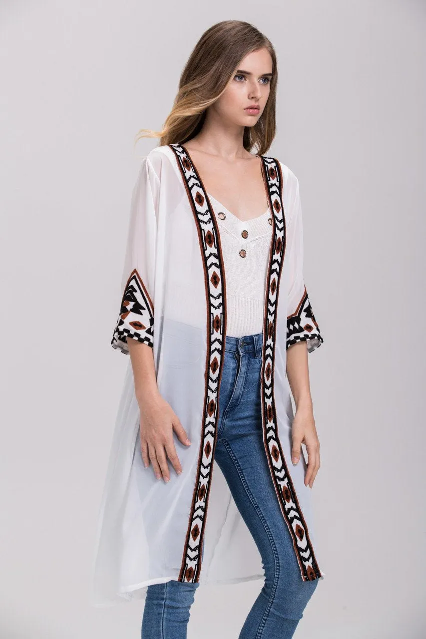 White Sheer Aztec Trim Robe Cardigan Top