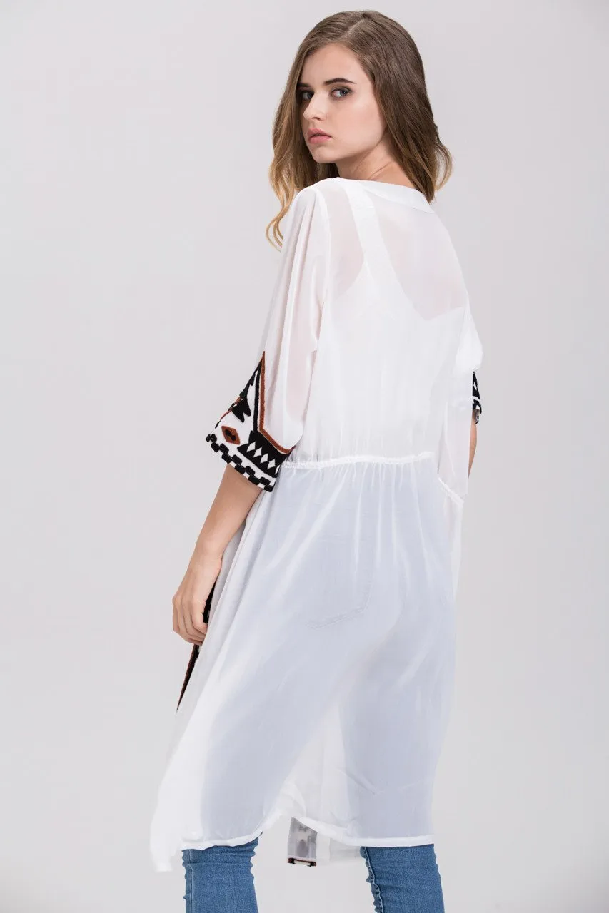 White Sheer Aztec Trim Robe Cardigan Top