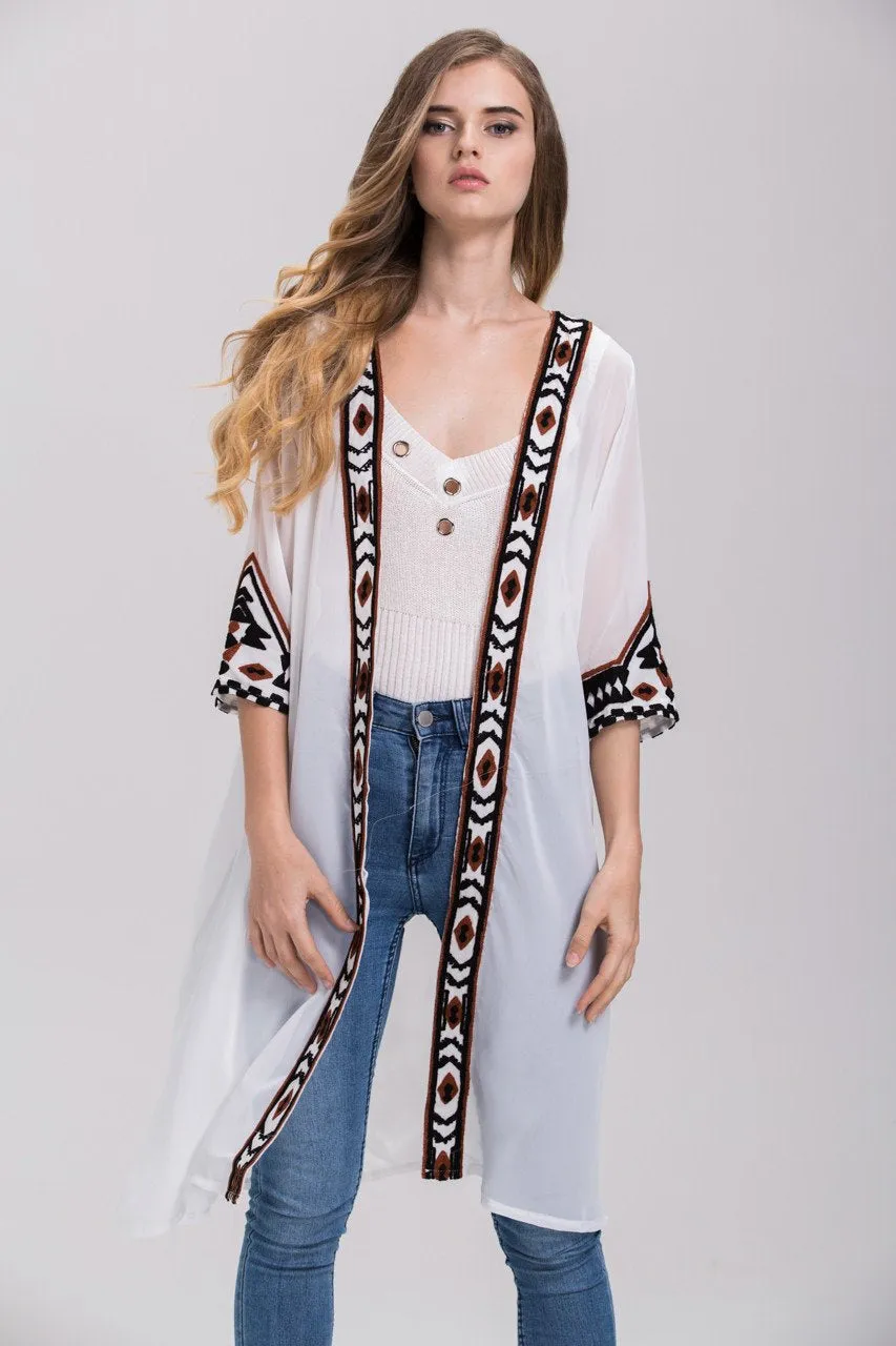 White Sheer Aztec Trim Robe Cardigan Top