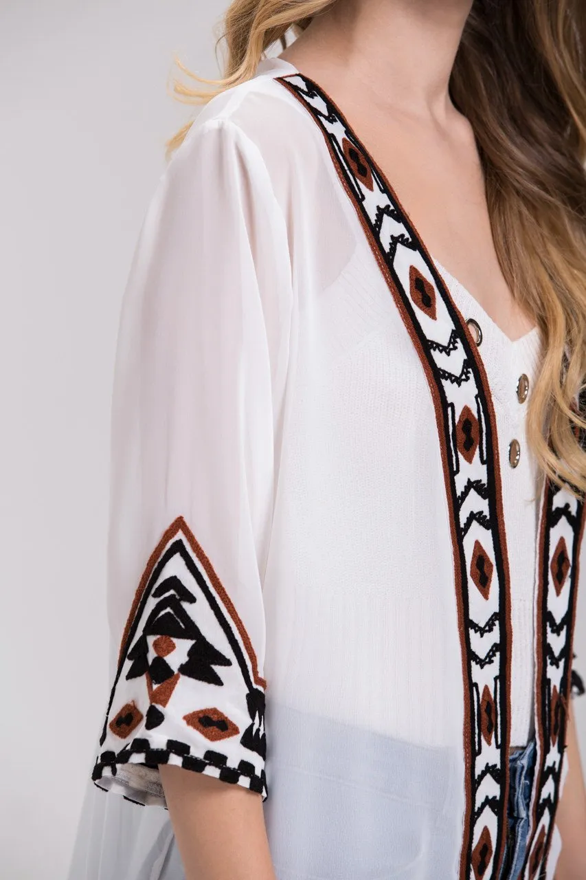 White Sheer Aztec Trim Robe Cardigan Top