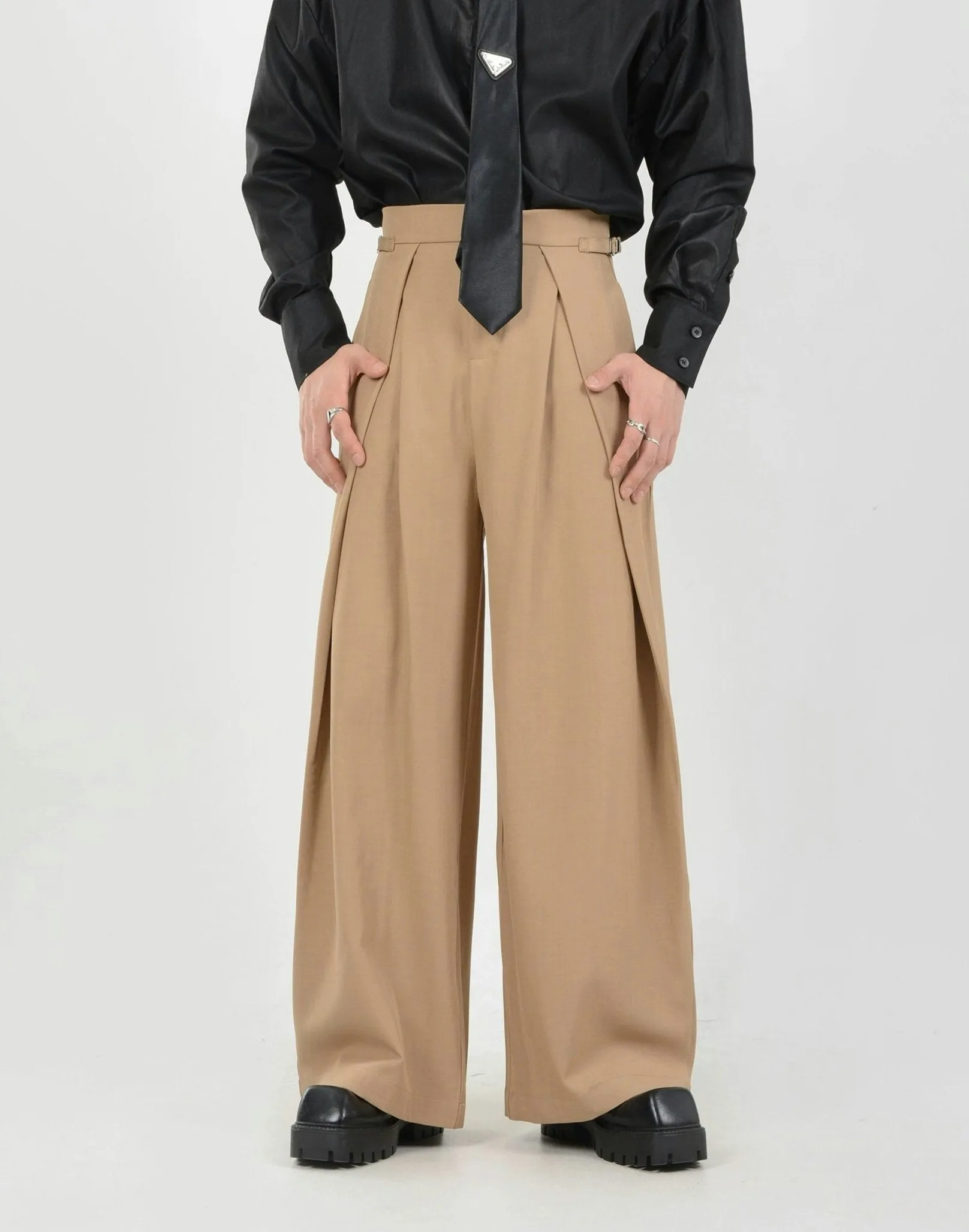 Wide Leg Pleated Palazzo Trousers with Belt Detail