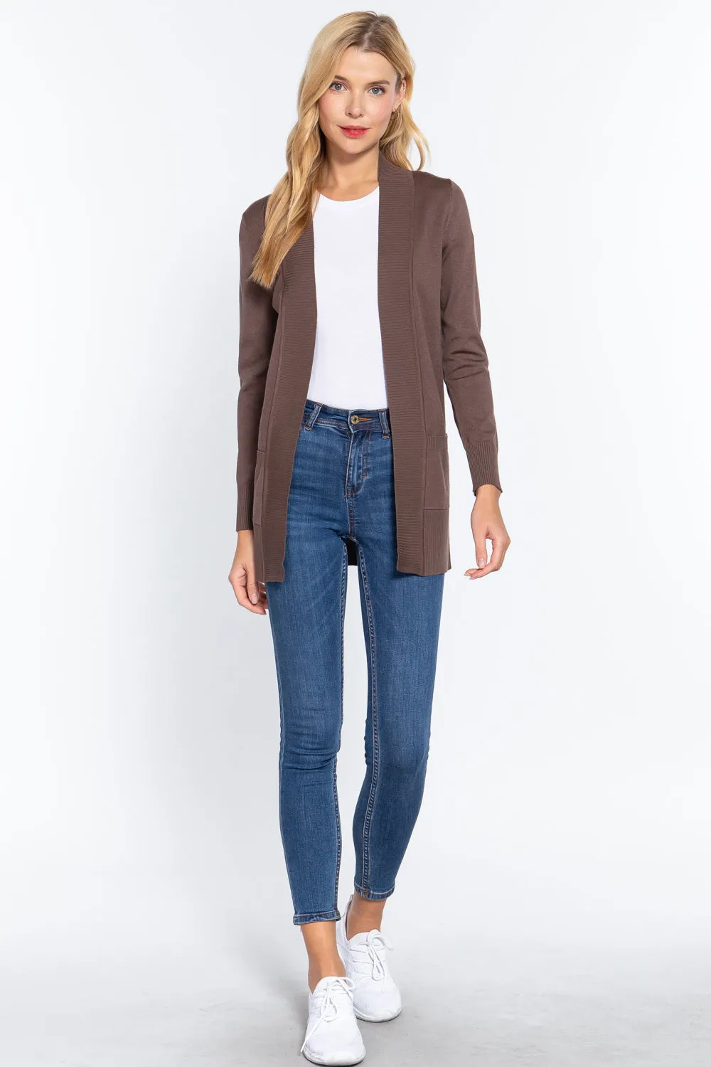 Women's Basic Longline Long Sleeve Open Front Sweater Cardigan Jacket