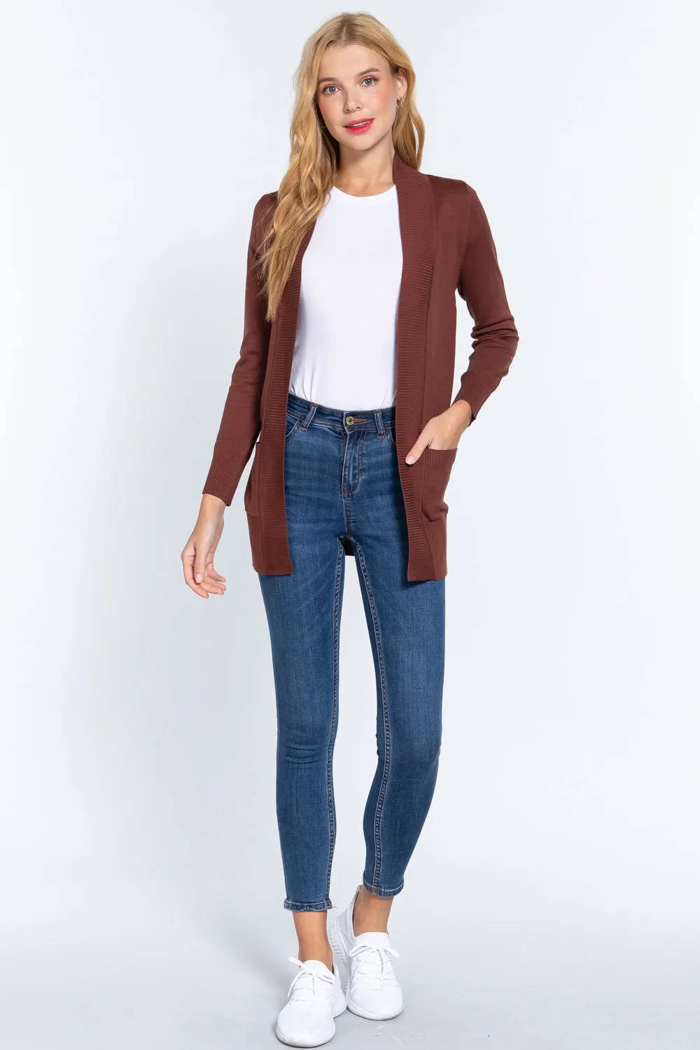 Women's Basic Longline Long Sleeve Open Front Sweater Cardigan Jacket