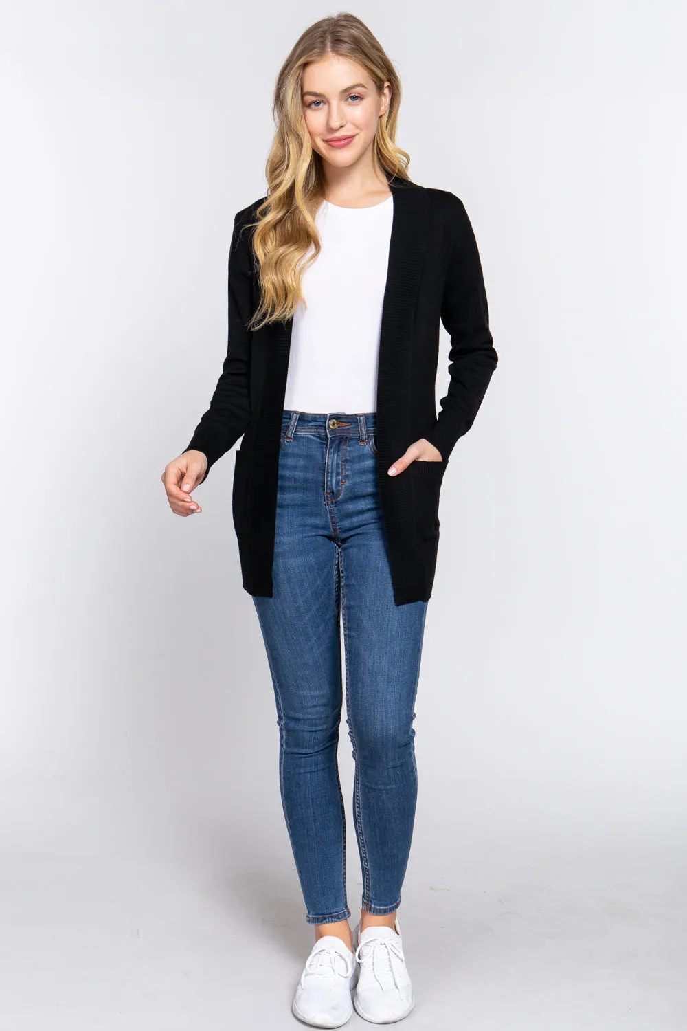 Women's Basic Longline Long Sleeve Open Front Sweater Cardigan Jacket