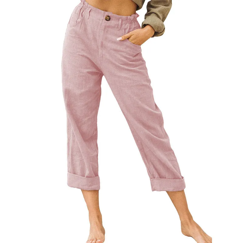 Women's Leisure Summer Solid Color Cotton Linen Fashion Loose High Waist Casual Trousers