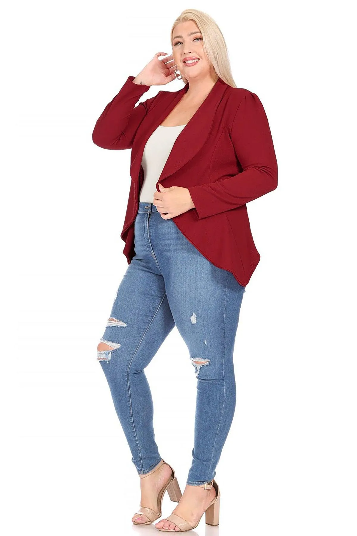 Women's Plus Size Solid Long Sleeve Waist Length Open Front Office Blazer