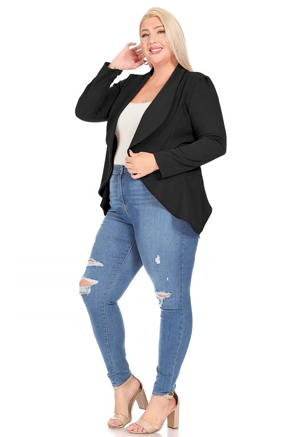 Women's Plus Size Solid Long Sleeve Waist Length Open Front Office Blazer