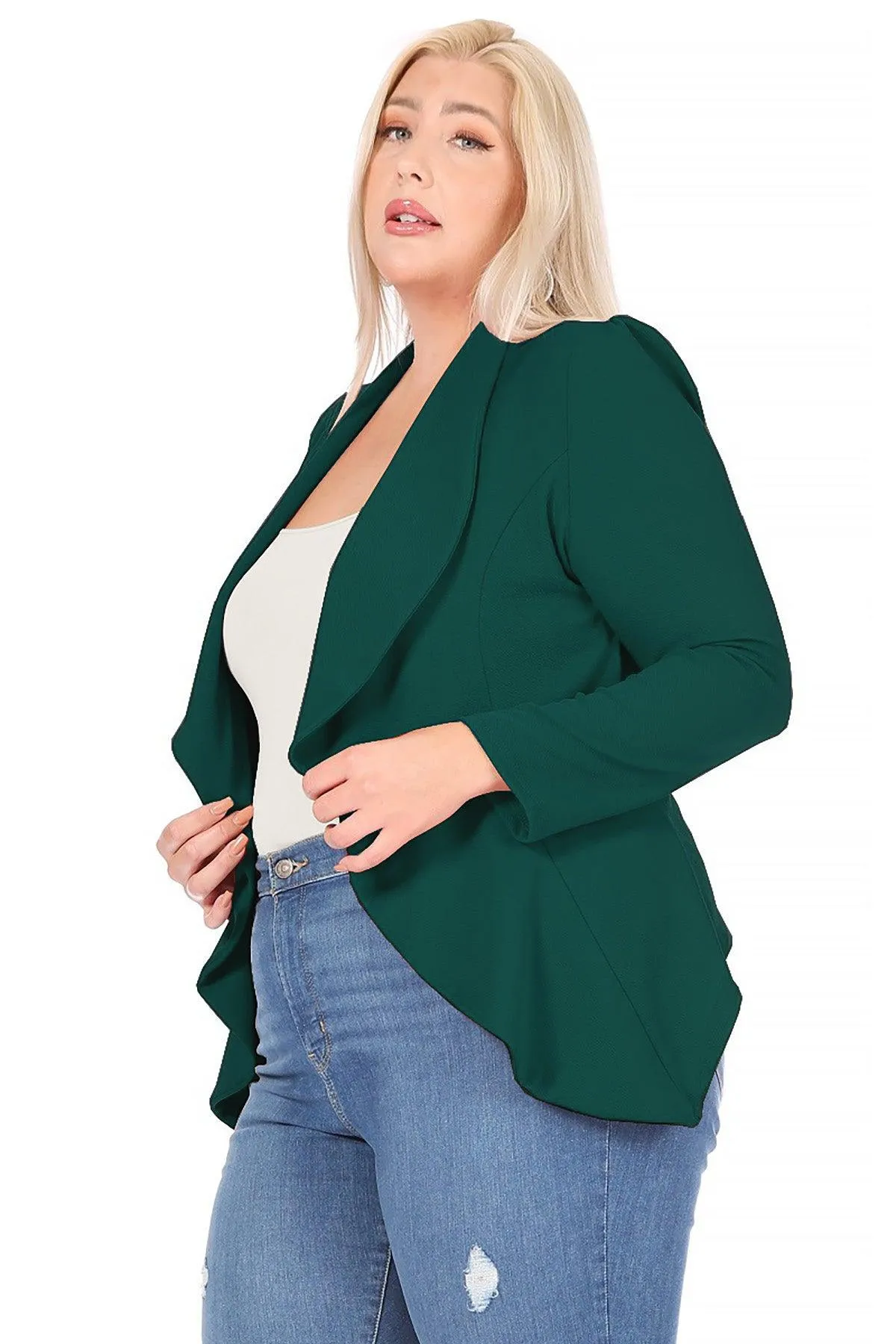 Women's Plus Size Solid Long Sleeve Waist Length Open Front Office Blazer