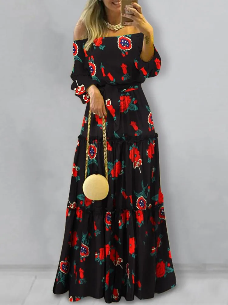 ZANZEA Off Shoulder Ruffle Belted Long Maxi Dress