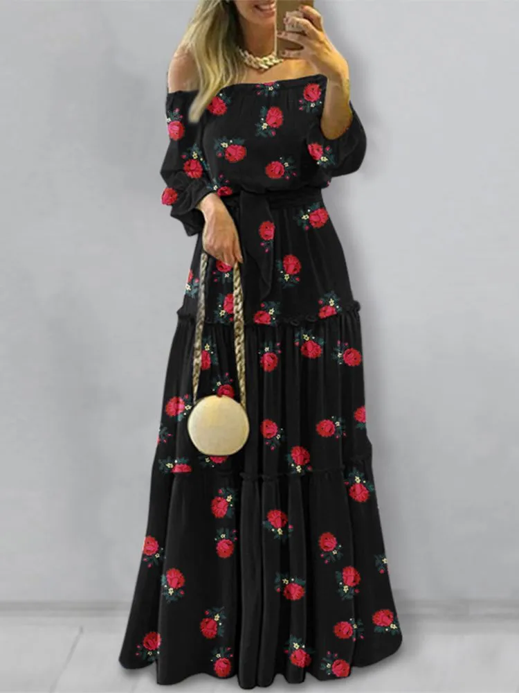 ZANZEA Off Shoulder Ruffle Belted Long Maxi Dress
